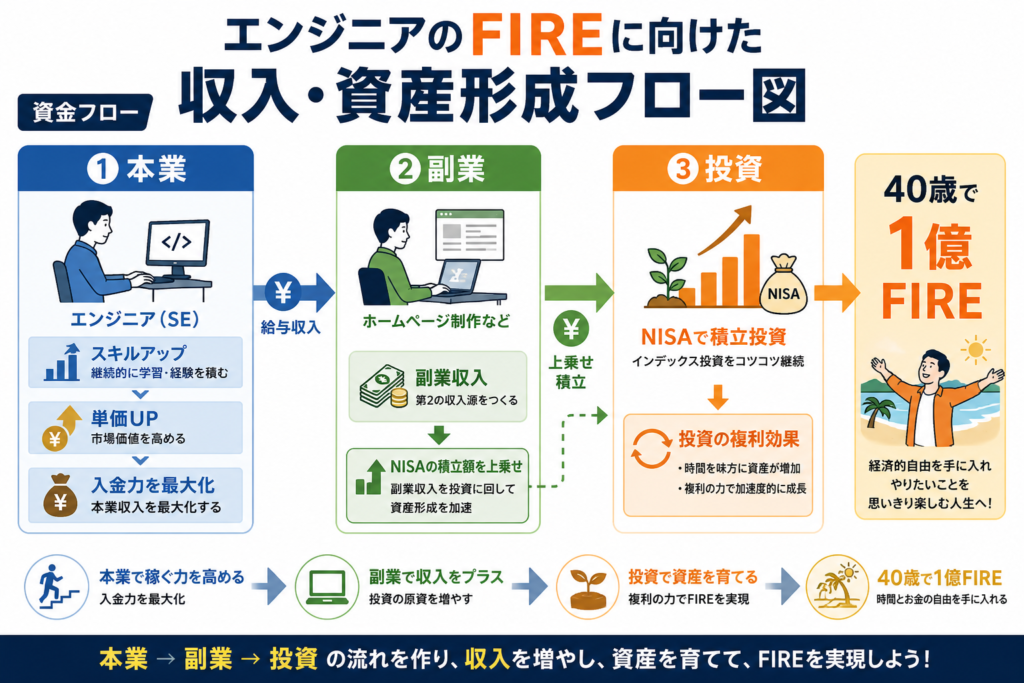 Fireに向けた収入・資産形成フロー図